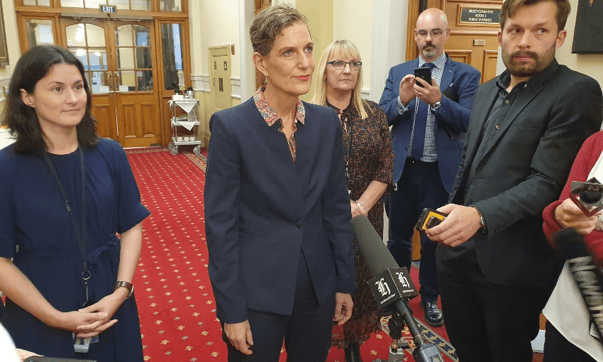 SIS boss Rebecca Kitteridge (centre) and GCSB acting director-general Bridget White (to her right) speak to media after the select committee hearing (Photo: Alex Braae)  
