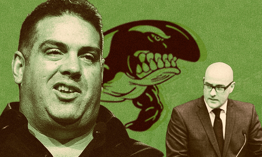 Cameron Slater, Carrick Graham and the Whale Oil logo (Image: Tina Tiller) 
