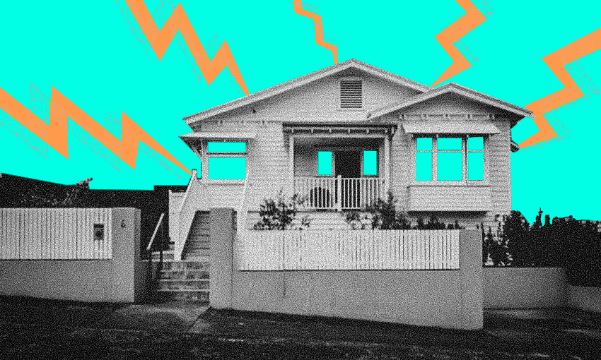 A house on a blue background with lightning bolts