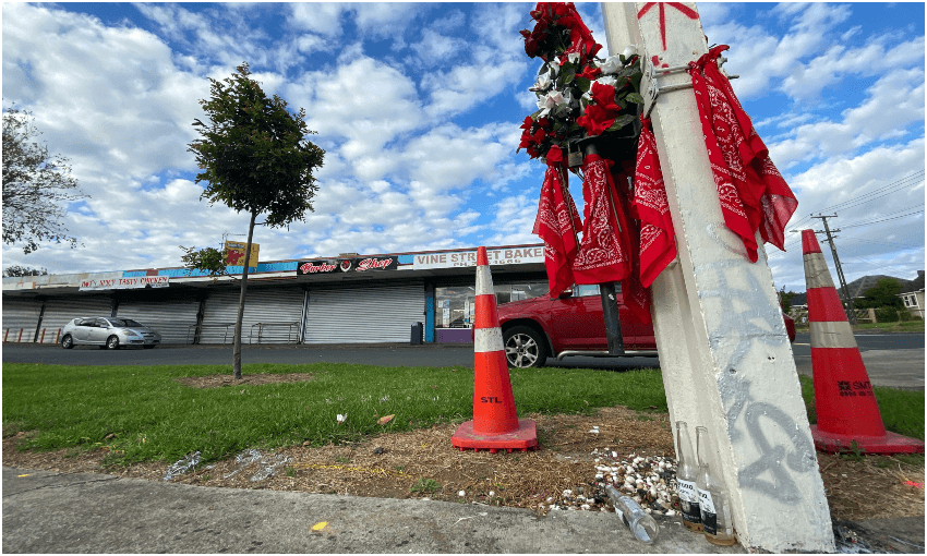 A memorial to 26-year-old Arthur Brown, who was shot in 2019 outside the Vine St shops in Māngere East. (Photo: Justin Latif) 
