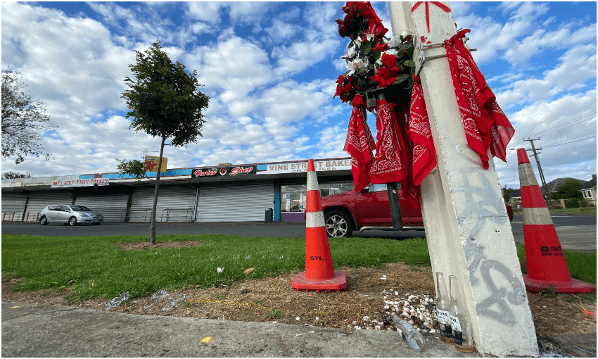 A memorial to 26-year-old Arthur Brown, who was shot in 2019 outside the Vine St shops in Māngere East. (Photo: Justin Latif)