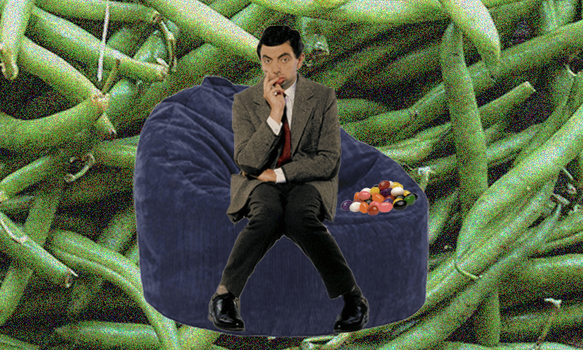 Mr Bean sitting on a bean bag with a pile of jellybeans. The background is green beans.