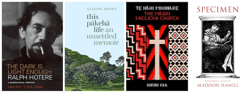 Four book covers: Only the dark is light enough, This Pākehā Life, Te Hāhi Mihinare The Māori Anglican Church, Specimen. 