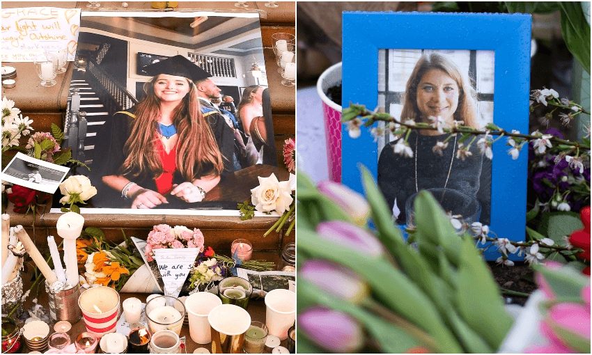 A picture of Grace Millane surrounded by flowers and candles at a Wellington vigil in 2018; flowers and a picture of Sarah Everard left in Clapham Common, London, in 2021 (Photos: Getty Images) 
