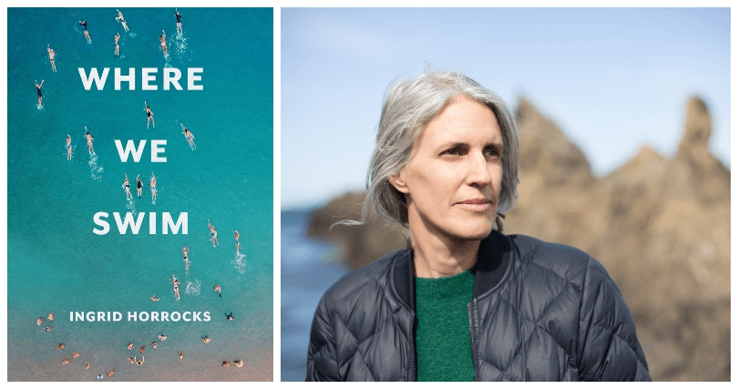 The cover of essay collection Where We Swim, featuring aerial photograph of people entering sea, and a portrait of author Ingrid Horrocks