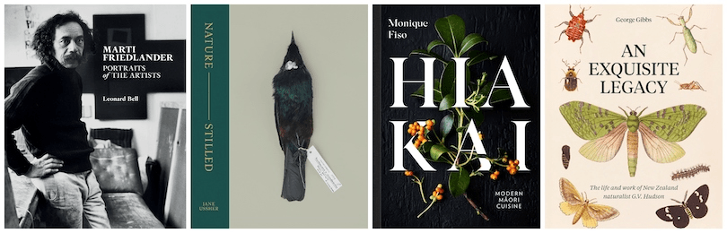 Four book covers: Marti Friedlander, Nature – Stilled, Hiakai and An Exquisite Legacy