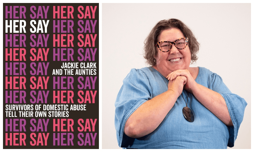 A book cover with the words 'Her Say' stamped all over it, and a portrait of Jackie Clark, beaming