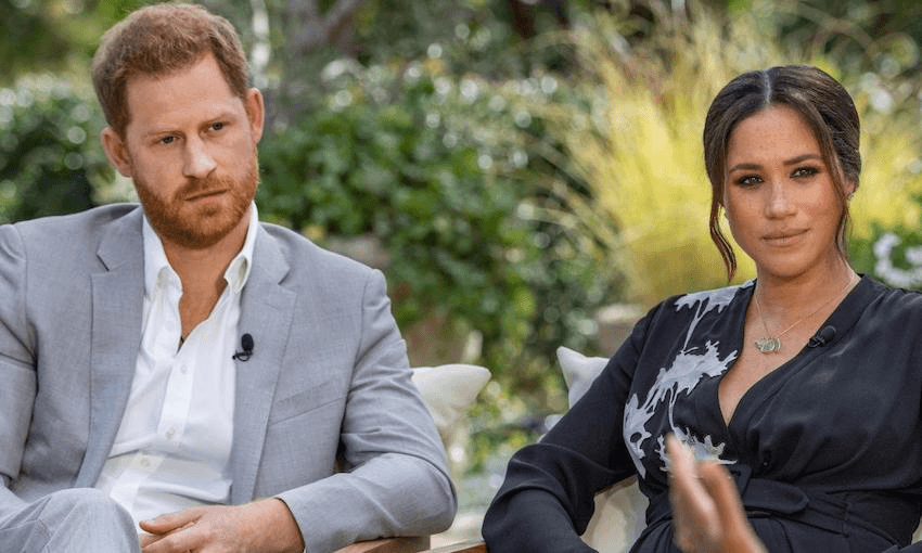 Meghan Markle and Prince Harry in their with Oprah Winfrey. 
