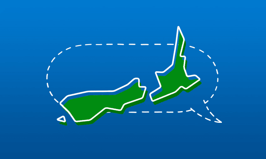 an illustrated and stylised map of aotearoa new zealand, overlaid on a dotted-line speech bubble on a solid blue background