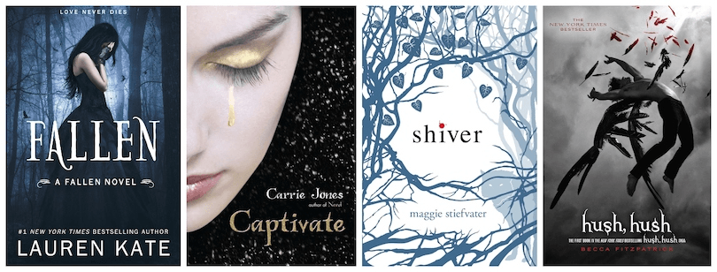 Four book covers: Fallen, Shiver, Captivate and Hush, Hush