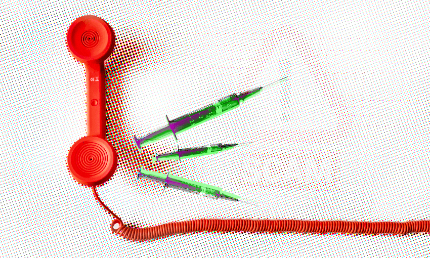 three green and purple syringes stick out from a red telephone speaker