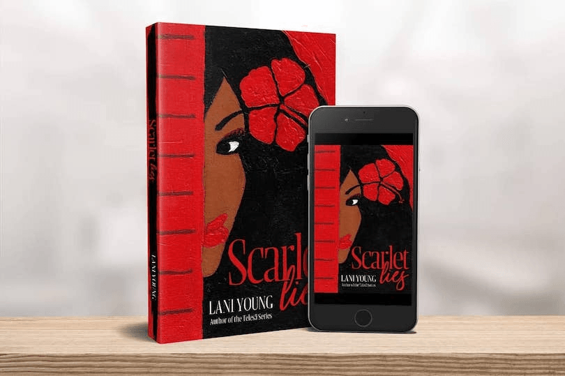 Book Scarlet Lies, featuring painting of Pasifika woman with red hibiscus in hair; only half her face is visible