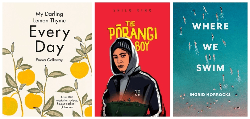 Three book covers: Every Day, The Pōrangi Boy, Where We Swim
