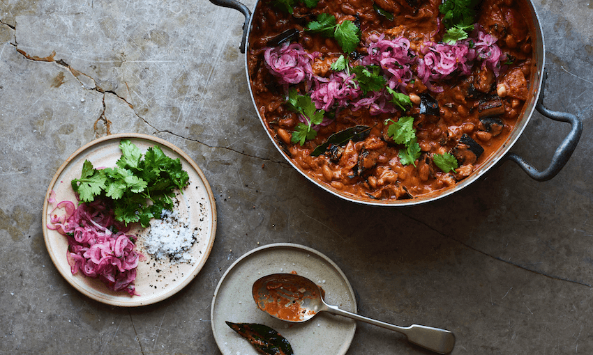 Aubergine and peanut stew with pink onions (Photo: Issy Croker) 
