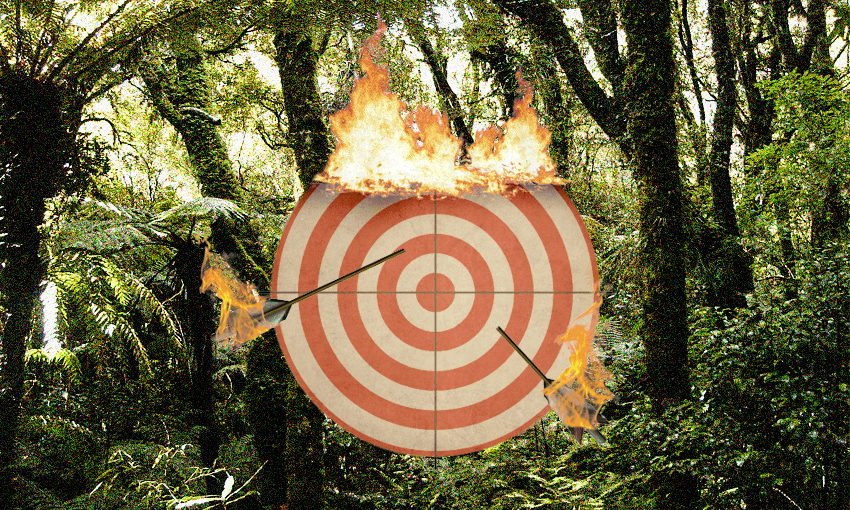 a target on fire against native forest