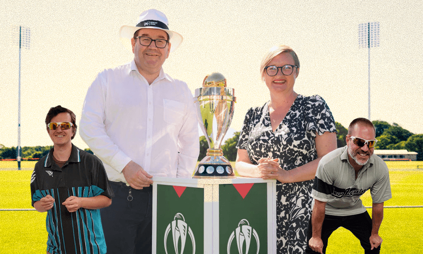 Sports minister Grant Robertson, dressed as an umpire, with Andrea Nelson and the Women’s World Cup (plus Alex and Simon) (Image: Getty/Tina Tiller) 
