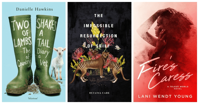 Three book covers: Two Shakes of a Lamb's Tail, The Impossible Resurrection of Grief, Fire's Caress