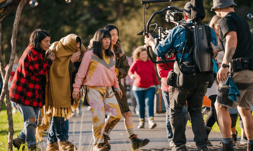 From left to right: JJ Fong, Jay Ryan, Perlina Lau, Ally Xue filming TVNZ’s Creamerie. (Photo: TVNZ) 
