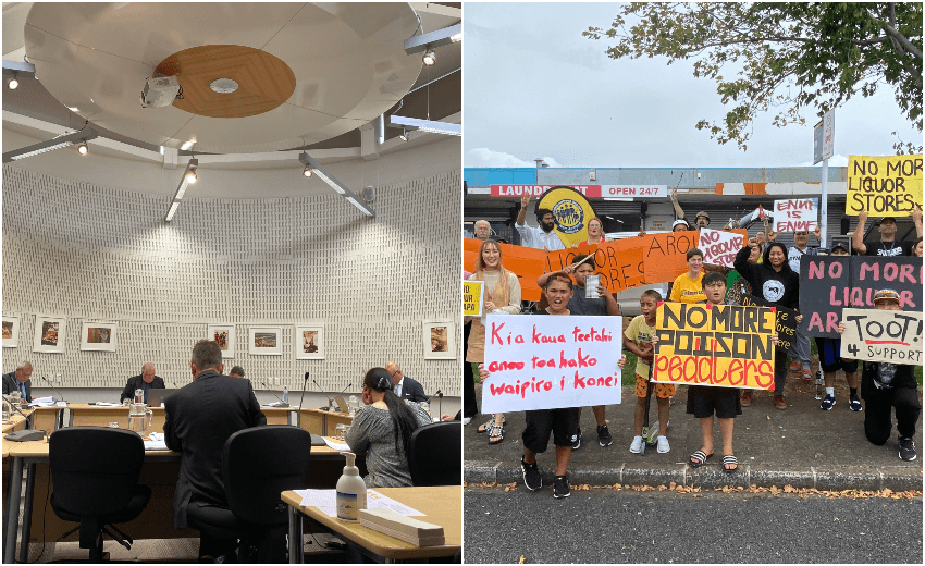 The fight for justice can occur both inside staid council chambers (left) and outside, like this protest in Māngere East. (Photos: Justin Latif)