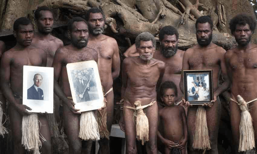 Tannese men in the town of Yaohnanen holding portraits of Prince Philip following his death (Photo: Dan McGarry/AFP/Getty Images 
