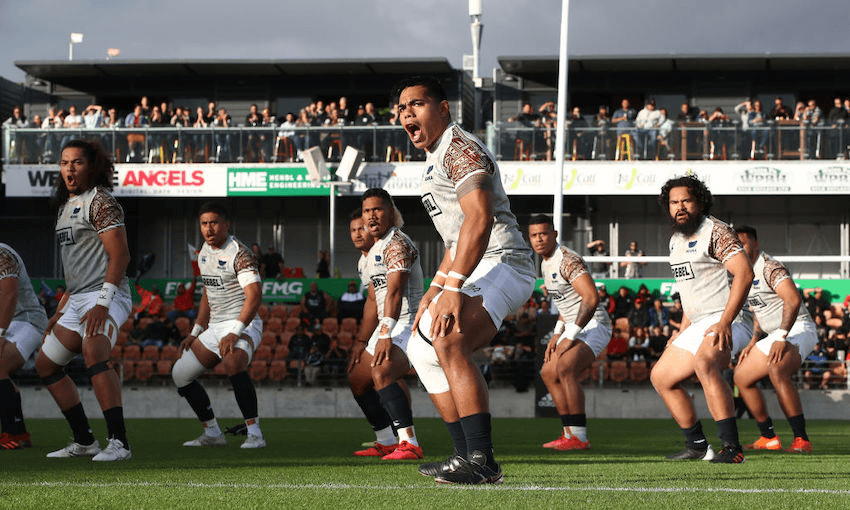 Michael Alaalatoa of Moana Pasifika during the cultural challenge before the team’s match with the Maori All Blacks on December 05, 2020 in Hamilton. (Photo: Phil Walter/Getty Images) 
