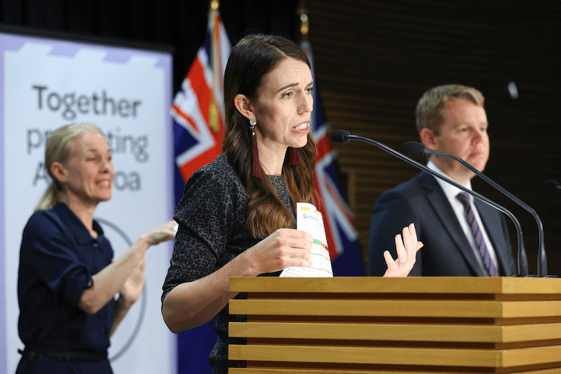 Jacinda Ardern announcing quarantine-free travel between New Zealand and Australia will start on April 19 at the Beehive yesterday (Photo: Hagen Hopkins/Getty Images) 
