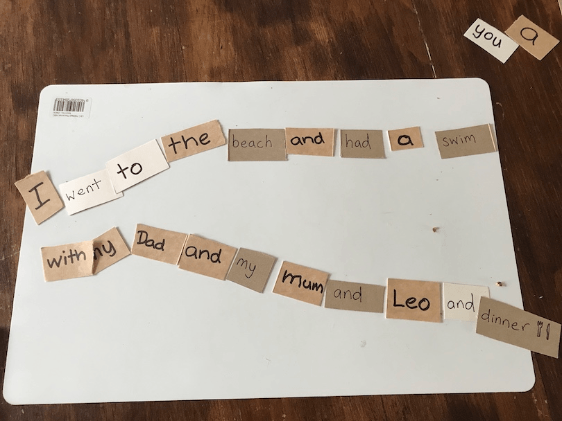 Sentences formed out of single words written on cardboard