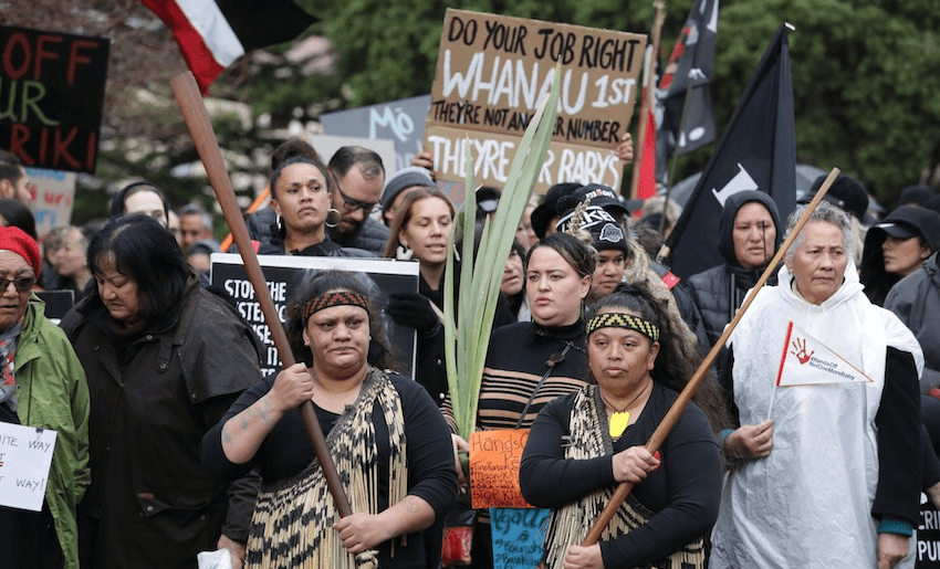 Protestors against Oranga Tamariki’s treatment of Māori whānau march on Parliament, July 30 2019 (Photo: Ana Tovey/RNZ) 
