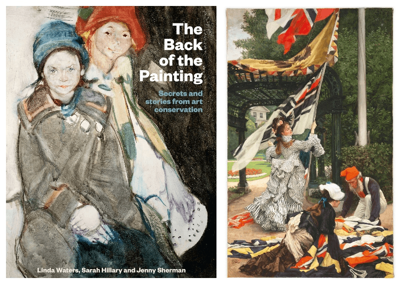 Cover of the book The Back of the Painting, and an image of the painting Still on top, featuring a woman waving a flag