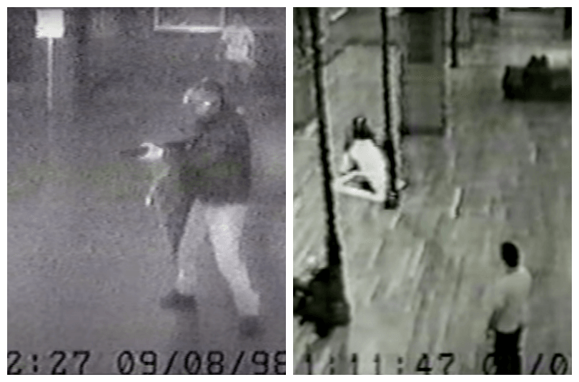 Blurry black and white security footage showing a man with a gun, and later tearing a painting out of its frame. 