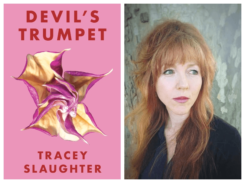 The cover of Devil's Trumpet (pink, with a blooming flower) and a photograph of a red-haired woman