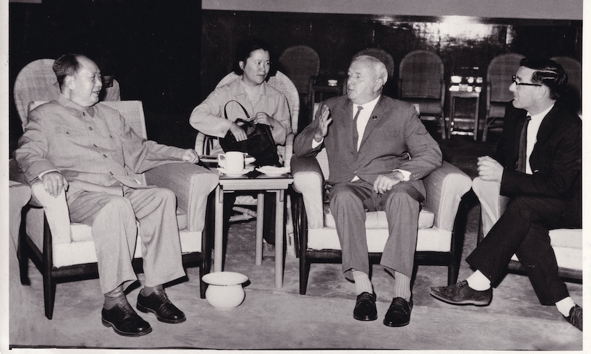 Helen’s father Pat Kelly (far right), along with Hugh McLeod, editorial board chair of People’s Voice, meeting with Chairman Mao Zedong in China, 1967 (Photo: Kelly family collection) 
