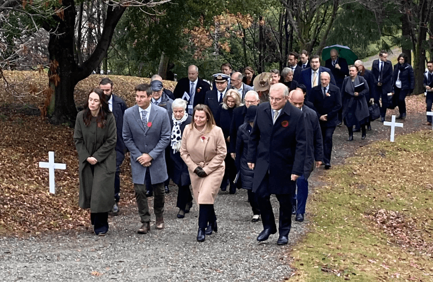 Jacinda Ardern and Scott Morrison before laying a wreath at the Queenstown war memorial