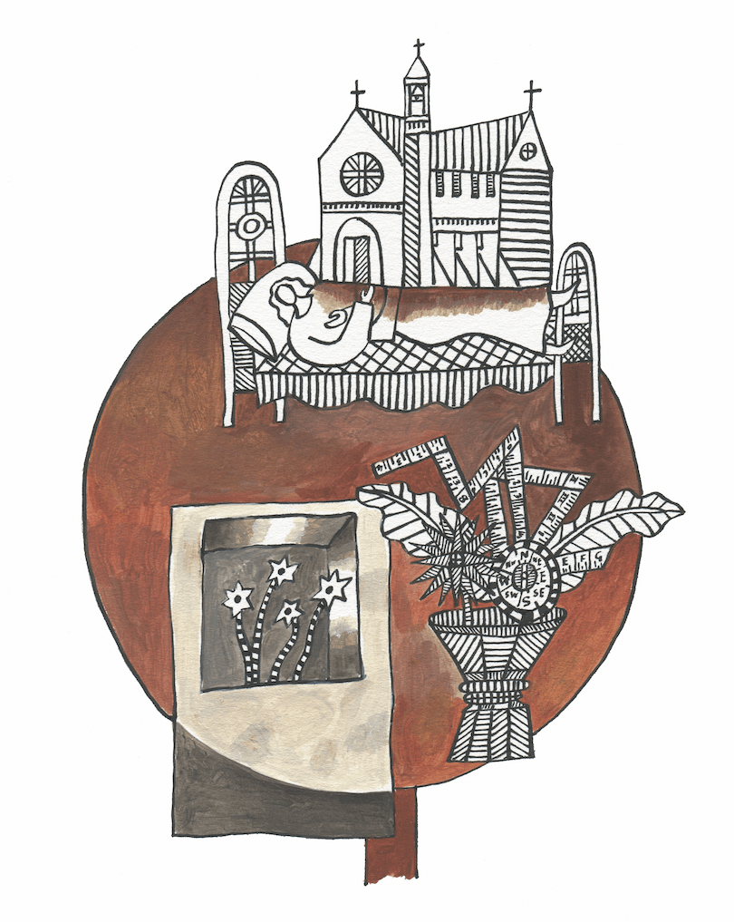 An illustration with small images, including a church and a woman sleeping peacefully, sketched over a muted brown circle.
