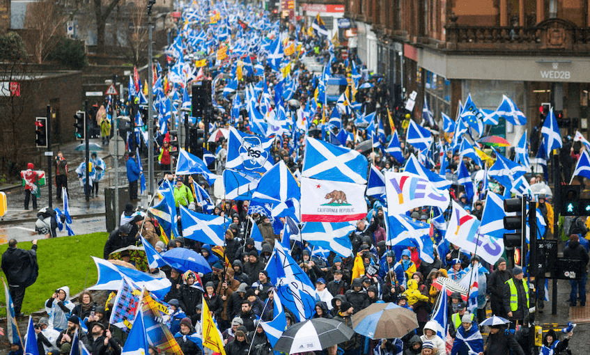 Thousands of Scottish independence supporters march through Glasgow during an All Under One Banner march on January 11, 2020 in Glasgow, Scotland (Photo by Ewan Bootman/NurPhoto) 
