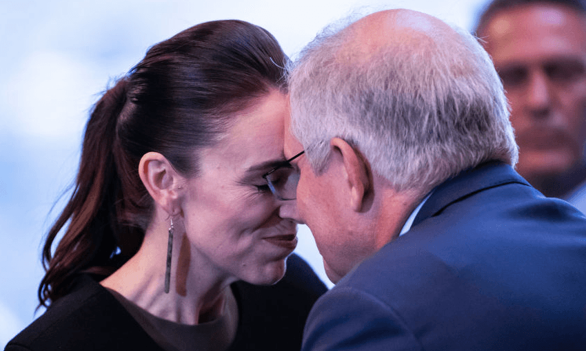 Jacinda Ardern and Scott Morrison at the powhiri in Queenstown. Photo by Robert Kitchin – Pool/Getty Images 
