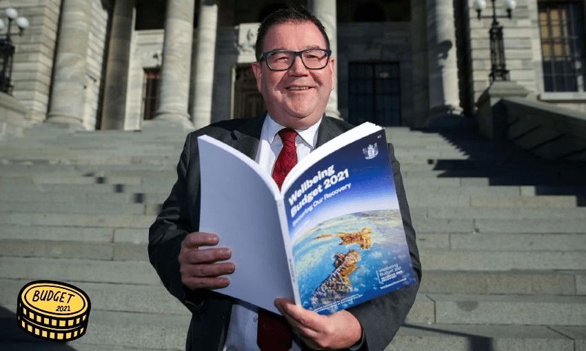 Grant Robertson with his 2021 budget (Photo by Hagen Hopkins/Getty Images) 
