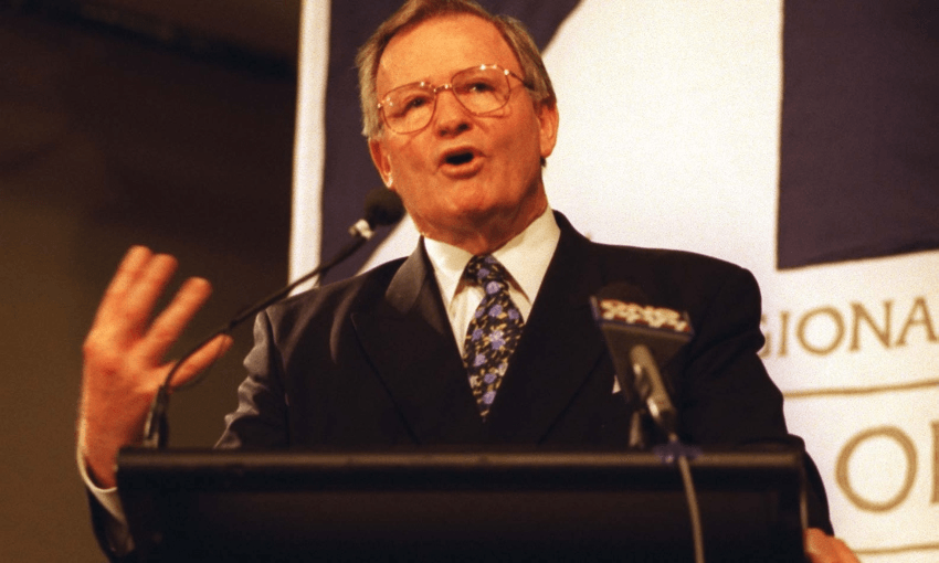 Then-Prime Minister Jim Bolger speaking to a Chamber of Commerce audience in 1997 (Phil Walter/Getty Images) 
