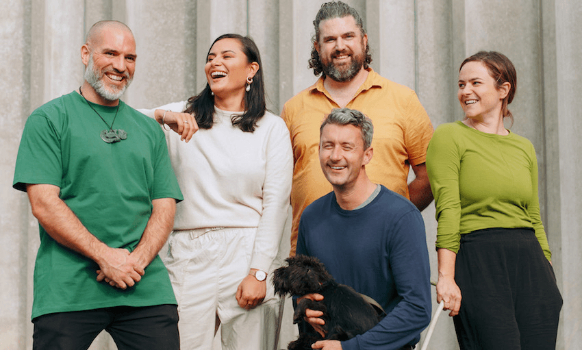 The Daylight Creative team; L-R Simon Day, Julia Arnott-Neenee, Duncan Greive, Alba-the-dog, Toby Morris, Lee Lowndes (Photo: Hōhua Kurene)