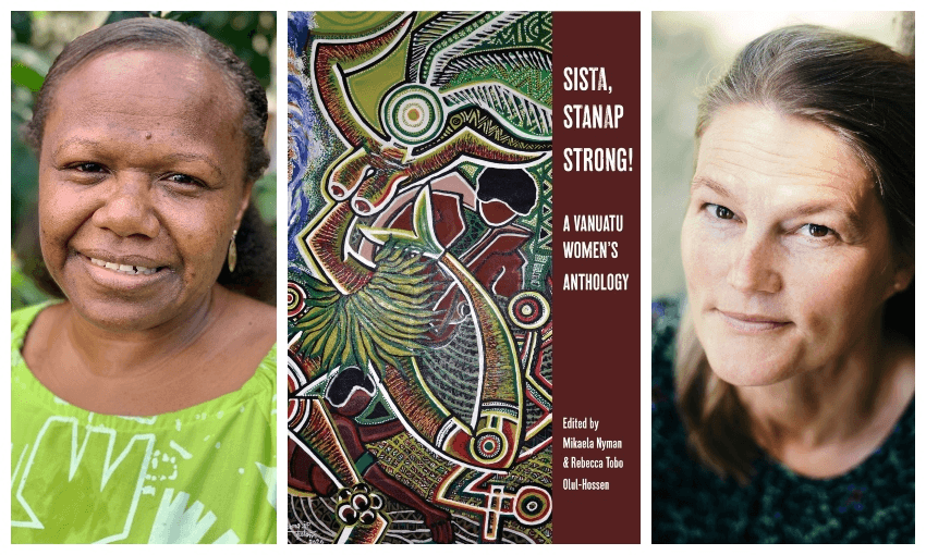 Photographs of two women, flanking a book cover.