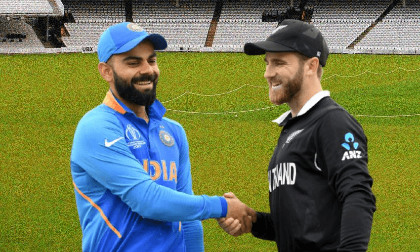 India Captain Virat Kohli and New Zealand Captain Kane Williamson shake hands, both looking slightly sheepish that they forgot to wear their whites. 
