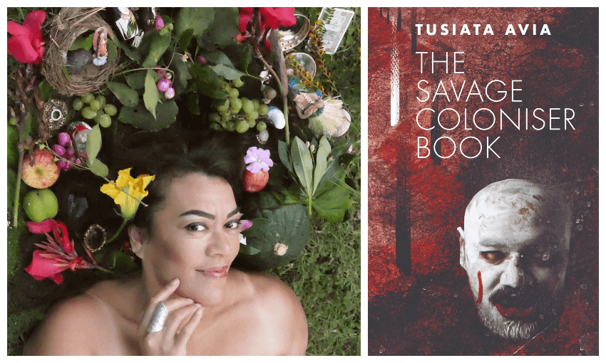 Tusiata Avia photographed from above, head and shoulders showing, surrounded by fruit and flowers, smiling. Also her book The Savage Coloniser. 