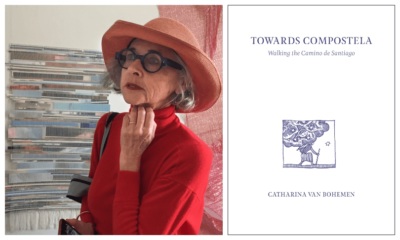 An older woman, wearing red and fabulous specs, stands in front of a tapestry; the book cover for Towards Compostela