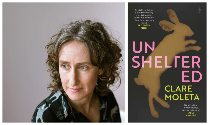 Colour portrait photo of a middle-aged woman, looking out to the side of the shot, pensive. Plus a cover of her book Unsheltered. 