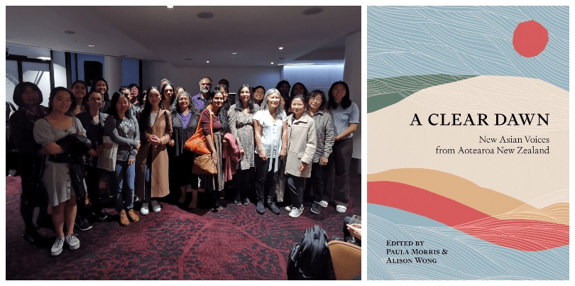 We're at a book launch, with dozens of contributing writers lined up for photos. Also, the cover of A Clear Dawn.