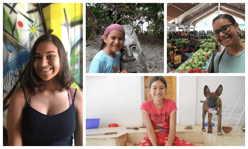 A collage from a young Vanuatu woman's childhood photos: preparing coconut, in a market, with a dog, leaning against a brightly-painted wall.