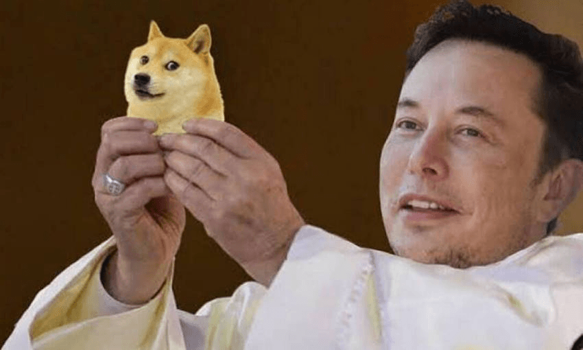 Elon Musk's face edited over a picture of Pope Francis, with a dogecoin meme in place of the eucharist