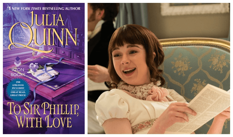 Cover of a romance novel; Eloise Bridgerton from the Netflix series, shown reading and laughing. 