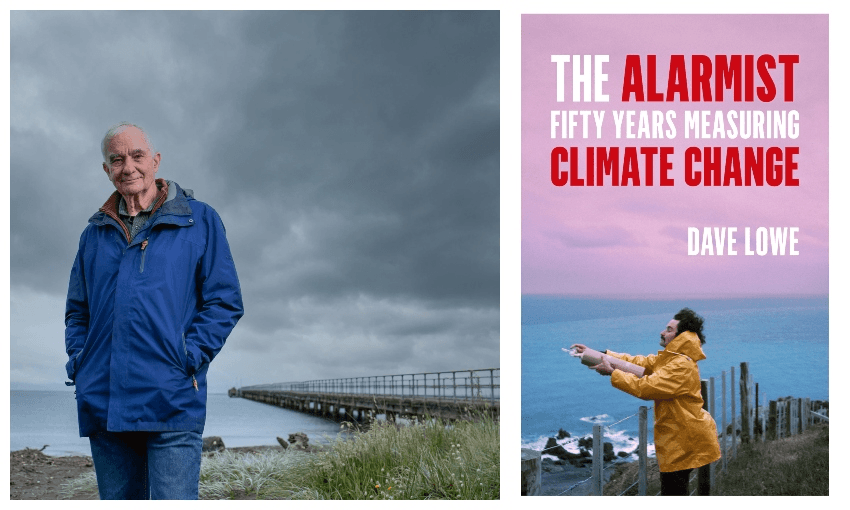 An older man in a rain jacket photographed against a bleak cloudy sky, at the coast; a beautiful book cover showing him as a younger man, taking atmosphere samples, leaning into the wind.