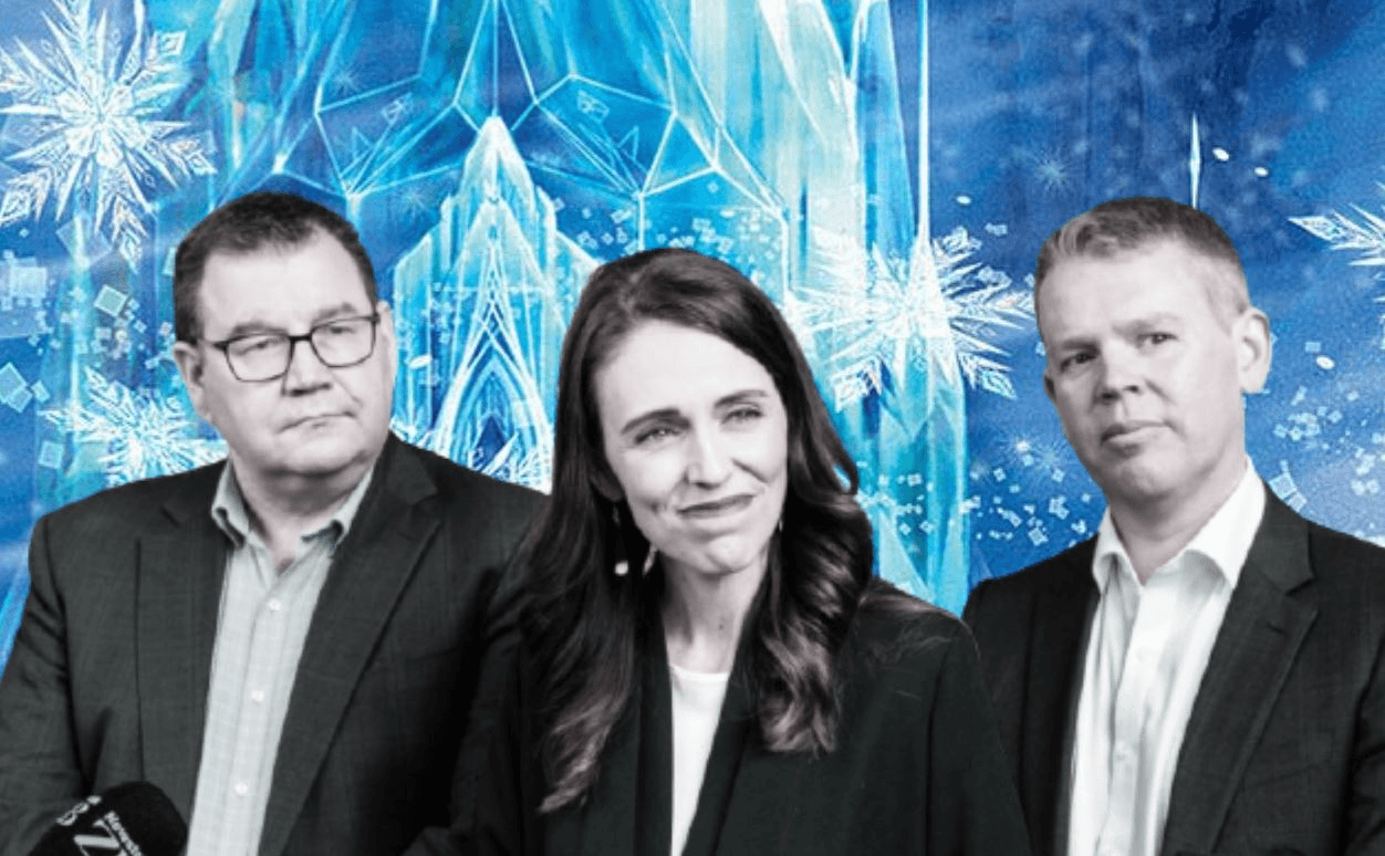 Grant Robertson, Jacinda Ardern and Chris Hipkins, who last week shocked public service workers with news of what almost everyone called a pay freeze (Original photo: Mark Coote/Bloomberg via Getty Images) 

